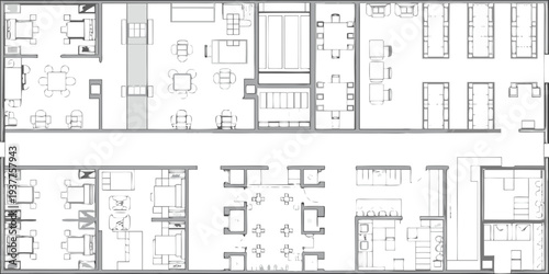 Architectural floor plan depicting office spaces reception areas and hallways