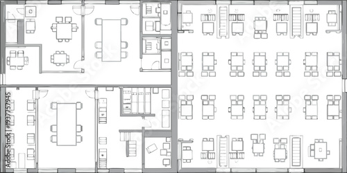 Architectural blueprint displaying an office layout with desks and meeting rooms