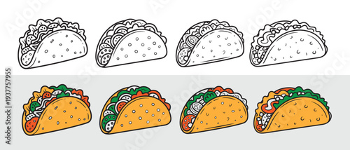 Set of Taco Illustrations. Line Art and Full Color Variations for Mexican Food Design.