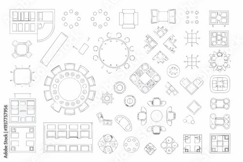 Collection of furniture top down views including tables chairs and sofas