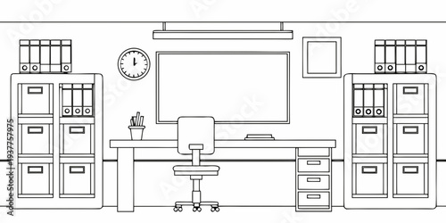 Simple line drawing of an office workspace with desk chair and storage
