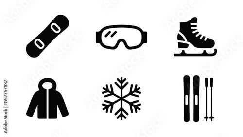 winter sports equipment icons set including snowboard goggles skate jacket snowflake and ski poles on white