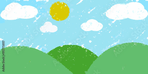 A cheerful childlike illustration of a sunny landscape with hills and clouds