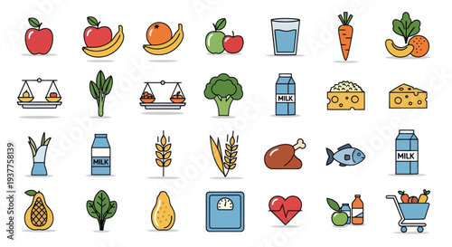 Healthy Food Icons: Fruits, Vegetables, Dairy, Protein, Grains, and Nutrition Symbols