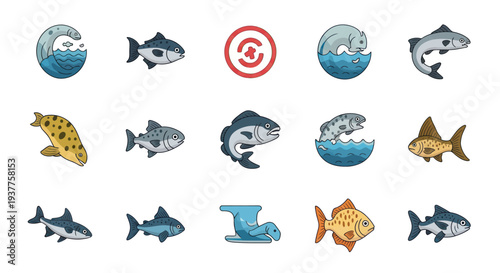 Collection of Diverse Fish and Marine Life Icons