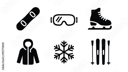 Winter sports icons including snowboard goggles ice skate jacket snowflake and ski poles