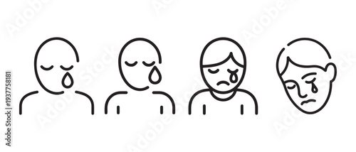 Line Art Icons Representing Sadness and Crying People in Diverse Emotional States, Symbolizing Grief and Depression.