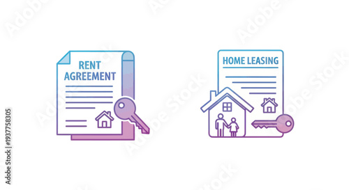 Rent Agreement and Home Leasing Icons: Key, House, Family, Contract
