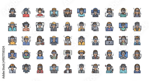 Pixel Art Icons: Diverse People Using Virtual Reality Headsets