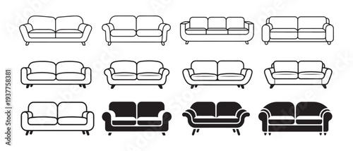 Collection of Sofa Icons. Variety of Couch Styles and Designs, Modern and Classic Furniture Sets for Interior Design.