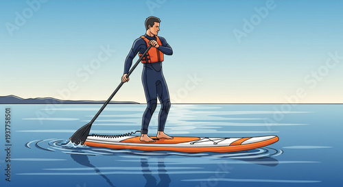 Man standing on paddleboard with paddle in calm waters, serene lake scene, vector illustration