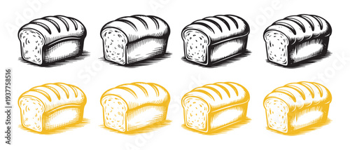 Loaf Bread Collection. Hand-Drawn Sketch Illustrations in Black and White and Yellow Tones on White Background.