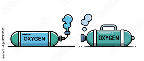 Oxygen tanks illustration, one with gas escaping, medical and industrial gas supply concept.
