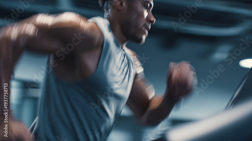 A man is running on a treadmill during an intense workout session.
