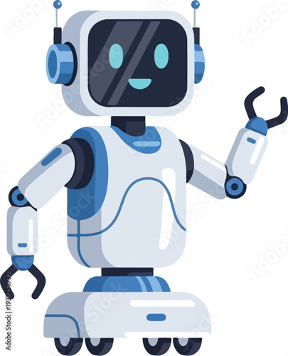Cartoon robot with headphones and wrench standing on wheels with cheerful expression