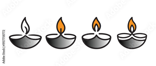 Glowing Diya Lamps with Flickering Flames, Indian Festival Lights Icon Set, Minimalist Design.