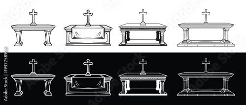 Collection of Casket and Coffin Icons with Cross, Funeral and Burial Vector Graphics, Funeral Home Emblems.