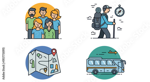 Travel and Tourism Icons: Group, Hiker, Map, and Bus