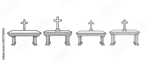 Christian Altars with Crosses. Set of Four Religious Table Designs with Elegant Crucifixes on White Background.