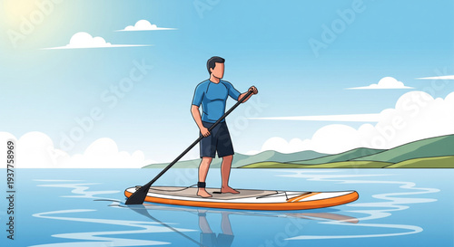 Man standing on paddleboard, paddling through calm lake waters on a sunny day with clear blue skies