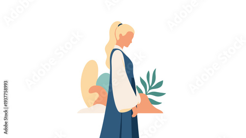 Elegant blonde woman in a long blue dress stands against a soft and colorful abstract nature-inspired background illustration.