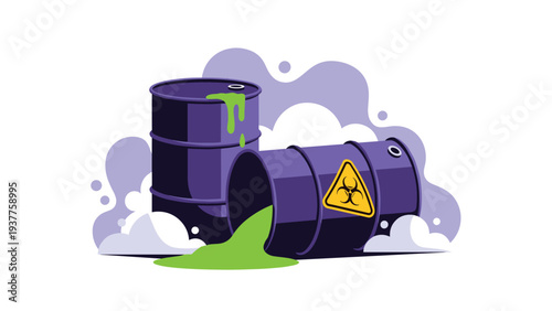 Spilled barrels of hazardous toxic waste leaking radioactive green liquid featuring a prominent biohazard warning sign.