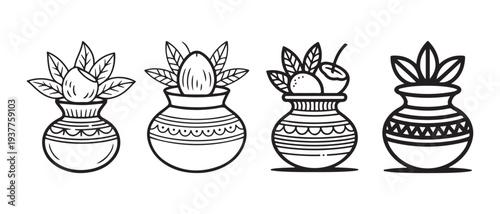 Line Art Kalash Icon Set. Traditional Indian Pots with Leaves, Fruits, and Eggs for Festivals and Celebrations.