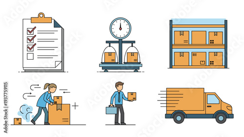Set of detailed illustrations depicts workers managing inventory, weighing packages, and delivering goods by truck.