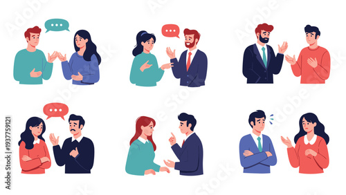 Various scenes show pairs of people engaged in conversations with speech bubbles to represent communication and social interaction.