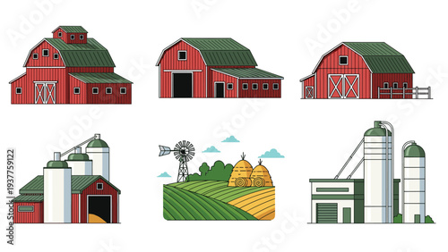Collection of classic red farm buildings, silos, and barns is shown alongside green fields and harvested hay bales.