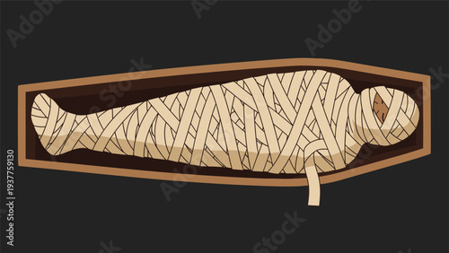 Ancient Egyptian mummy wrapped in bandages lies inside a simple wooden coffin against a dark black background.