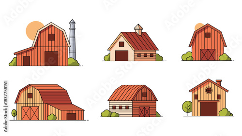 Collection of various rustic wooden barns and farmhouses in different colors and architectural styles for rural themes.