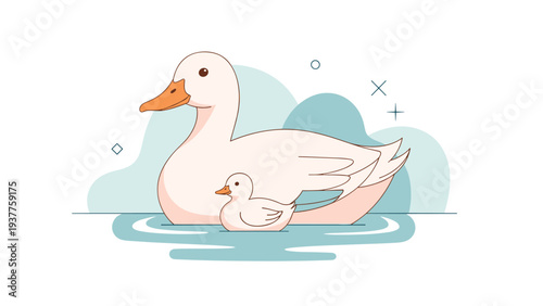 Mother duck and her small duckling swim peacefully in calm blue water with simple geometric shapes in the background.