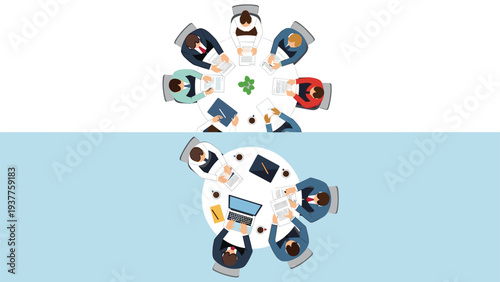 Overhead views of people sitting around round tables for business meetings with laptops, notebooks, and coffee.