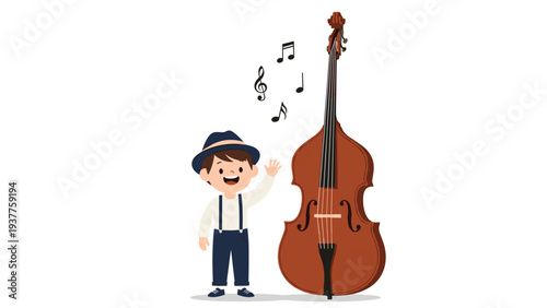 Happy young boy in a hat and suspenders stands next to a large double bass with musical notes floating around.