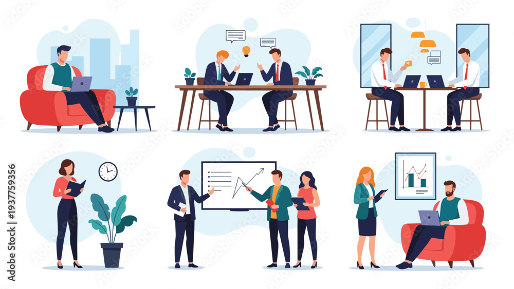 Fototapeta premium Various scenes depict diverse office workers engaged in business activities like meetings presentations and working on laptops.