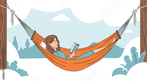 Young woman relaxes in a bright orange hammock while reading a book with a beautiful mountain landscape in the distance.
