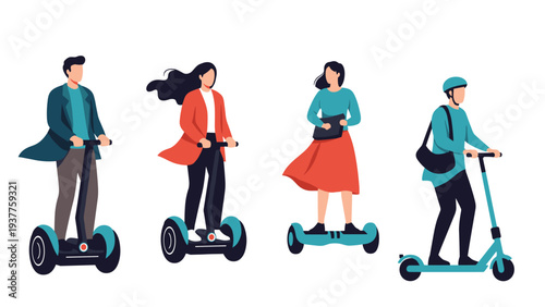 Four diverse people are shown riding modern personal electric vehicles like Segways and scooters in a minimalist flat style.
