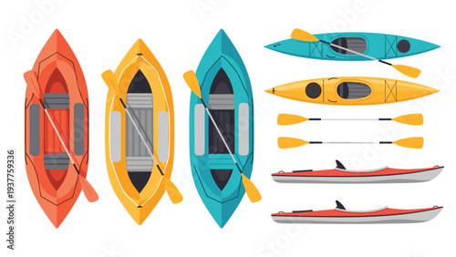 Set of colorful kayaks and paddles viewed from various angles including top and side perspectives on a clean white background.