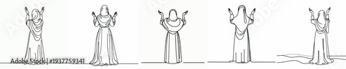 line art of a Muslim woman standing in prayer gesture back view