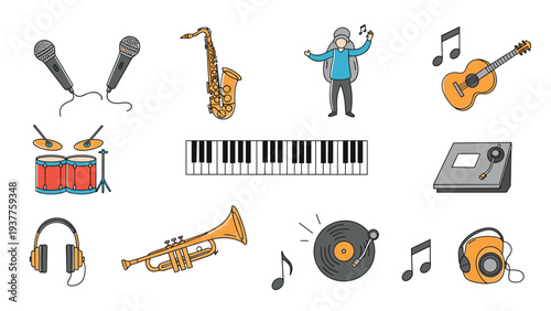Assortment of musical instruments and audio gear including a guitar saxophone piano keys and microphones on a white background.