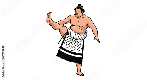 Sumo wrestler in action pose, kicking leg high, traditional attire, dynamic movement, athletic stance