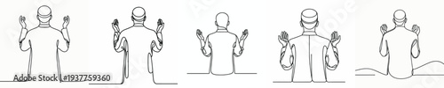 half body line art of a Muslim standing in prayer gesture back view