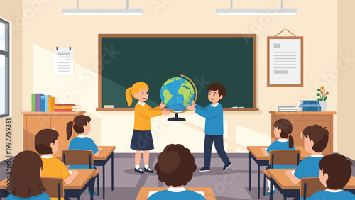 Young students and their teacher gather around a blue globe in a colorful classroom to learn about world geography together.
