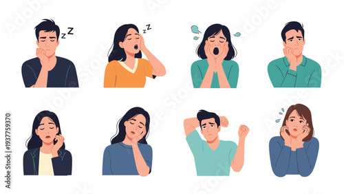 Set of character illustrations showing people with different facial expressions related to being tired bored sleepy or yawning.