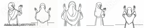 half body line art of a Muslim woman standing in prayer gesture back view