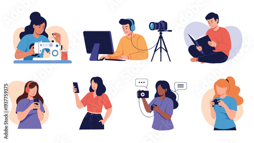 Diverse group of people are shown engaging in various creative hobbies such as sewing vlogging photography gaming and reading.