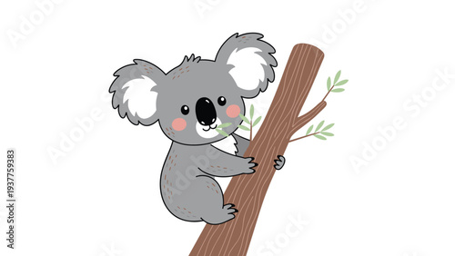 Adorable cartoon koala bear clings to a tree branch while munching on fresh green leaves on a minimalist white background.