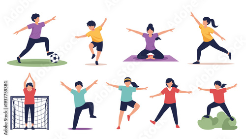 Diverse group of children participate in various sports and physical activities like playing soccer doing gymnastics and stretching.