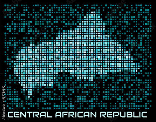 Central African Republic digital dotted map. Shape of the country in cyan color palette on dark background. Futuristic Central African Republic map design. Vector illustration.